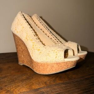 Vintage Cream Crochet Peep-Toe Cork Wedge Heels